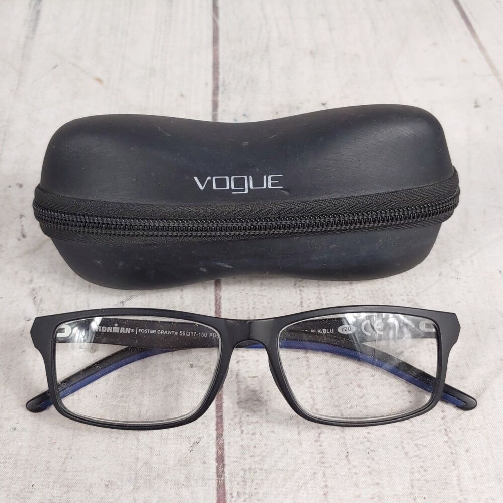 Foster Grant Ironman Men's Reading Glasses +1.75 Black Blue Eyeglasses Case USED